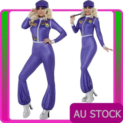 Womens 70s Dancing Queen Costume 1970s Purple Disco Jumpsuit Hat Retro Outfit - Image 1 of 4