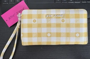 Betsey Johnson Yellow Multi Faux Leather ZA Wallet Gingham & Flower Print NWT - Picture 1 of 8