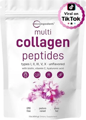 Multi Collagen Peptides Powder 1 lb Hydrolyzed Protein Peptide Type I,II,III,V,X - Image 1 of 4