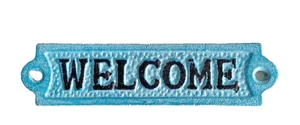 Cast Iron Welcome Sign Powder Blue Door Entryway Wall Plaque 5" Black Letters - Picture 1 of 2