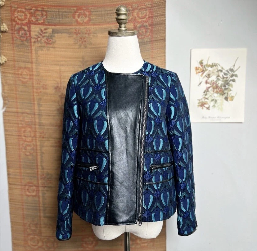 Club Monaco Aubrey Jacquard Moto Jacket W/ Lambskin Panel Women Size 2 XS - Image 1 of 4