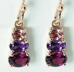 Genuine 9K or 18K Gold Natural Pink Tourmaline, Amethyst & Rhodolite Earrings - Picture 1 of 3