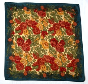 Vintage Mariko London Floral Cotton Handkerchief Scarf Roses Green Red Gold - Picture 1 of 2