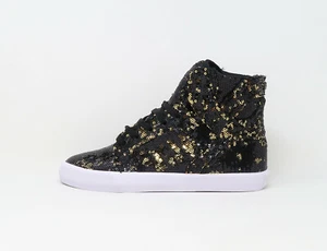 SUPRA Skytop Metallic Black Metallic Gold Sequins Shoes Women Big Girl Sneakers - Picture 1 of 6