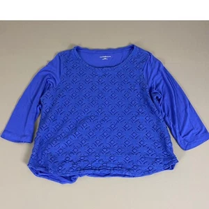 Croft & Barrow Lace Blouse Top XXL Blue Geometric 3/4 Sleeve Casual Cotton Blend - Picture 1 of 11