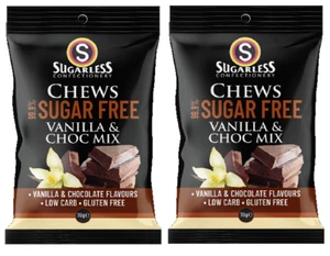 901888 2 x 70g SUGARLESS CONFECTIONERY 99.9% SUGAR FREE VANILLA & CHOC CHEWS BAG - Picture 1 of 2