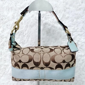 COACH Accessory Pouch One Shoulder Handbag Signature Light Blue Brown Canvas - Picture 1 of 12
