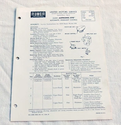 1958 Buick Special Roadmaster Original GM Autronic Eye Service/Repair Info NOS - Image 1 of 4