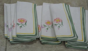 Vintage Floral Linen Napkins Pink Purple Yellow Green Edging LOT of 12 Preowned - Picture 1 of 2
