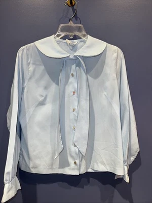 Womens Small Light Blue Cottage Core Secretary Blouse High Tie Neck 1950 - Image 1 of 4