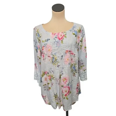 J.Jill Love 亚麻女式衬衫束腰花卉钩针袖口打褶 L 码 — 第 1/4 张图片