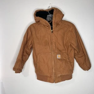 Carhartt Jacket Boys Size Small 7-8 Brown Canvas Lined Quilted Hooded - Picture 1 of 4