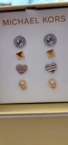 Michael Kors Silver & Gold-Tone Crystal Logo/Heart/Padlock Stud 4 Set Earrings - Picture 1 of 7