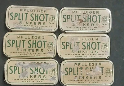 Vintage 6-FISHING  PFLUEGER  FISH LEAD  TIN Each (12)Split Shot Sinkers Complete - Image 1 of 4