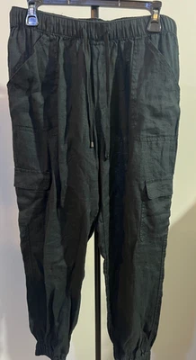 NWT Nicole Miller Black Large Linen Cargo Joggers Pants New - Image 1 of 4