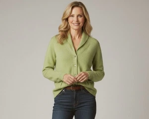 Richard Grand Kaschmir Pullover Damen mittelgrün Schalkragen Strickjacke Taschen - Bild 1 von 8