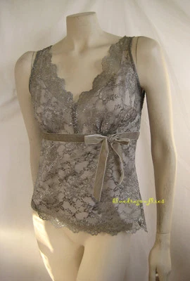 Мерцающий CLUNY $360 Серебряный кружевной завышенной талией Cami TOP - Изображение 1 из 3