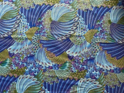 COLORFUL PEACOCKS BIRD FEATHERS WITH METALLIC 100% cotton fabric material - Image 1 of 2