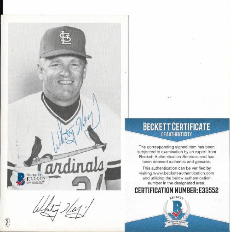 WHITEY HERZOG ST. LOUIS CARDINALS SIGNED AUTOGRAPHED 3X5 PHOTO BECKETT E33552 - Image 1 of 1