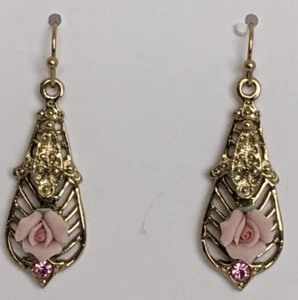 Vintage Style Pink Rose Porcelain Gold Tone Filigree Earrings - Picture 1 of 4