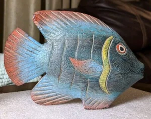 VTG HAND CARVED And Handpainted WOOD FISH SCULPTURE Beautiful Colors 8"×6"×2"  - Picture 1 of 8