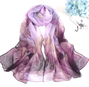Scarf Lightweight Lotus Print Chiffon Thin Breathable Long Shawl Purple Polyeste - Picture 1 of 3