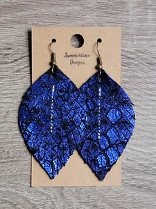 Handmade GENUINE Leather Feather Earrings Purple Python 2" - Picture 1 of 1