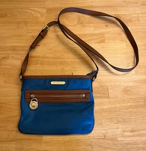 MICHAEL KORS Blue & Brown Shoulder Handbag Purse w/ Gold Accents - USED - Picture 1 of 13