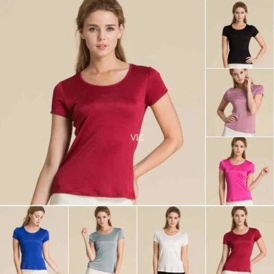 Mujeres 100% Seda Morera Tejida Manga Corta Camisetas Cuello Redondo Prendas para el torso Blusa  Foto 1 de 4