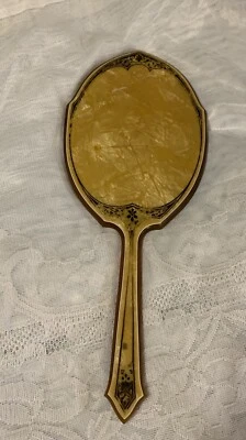 Vintage Bakelite Marbled Celluloid Gold Floral Art Deco Hand Mirror, 5x13” - Image 1 of 4