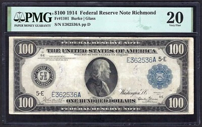 🇺🇸1914 $100 FR-1101 RICHMOND ♚♚BURKE&GLASS♚♚ PMG VF 20  ONLY 30 KNOWN! RARE!! - Image 1 of 2