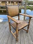 Early 20th Century Oak Framed Open Armchair Upholstered with Tan Leather