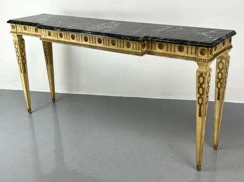 French Style Black Veined Marble Top Hall Console Table. Gilt Paint Details Cover