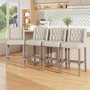 2 High Counter Bar Kitchen Island Pub Stools Chair Breakfast Linen Tufted -Beige - Picture 1 of 12