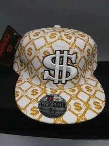 HAINA DOLLAR $ HAT CAP / SIZE: 7 1/2 / 59SPORT / FLAT BILL WHITE AND GOLD GLITTR - Picture 1 of 12