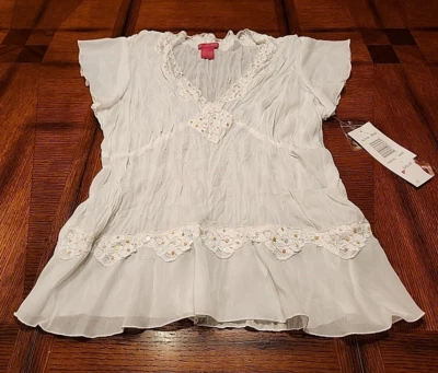 SUNNY LEIGH TOP FEMININO GRANDE BRANCO ENRUGADO MANGA FLUTTER GOLA V LANTEJOULAS NOVO COM ETIQUETAS US$ 49 - Imagem 1 de 4