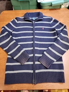 Polo Ralph Lauren Boys XL (18-20) Blue/Gray Striped Full Zip Sweater GUC. GB35 - Picture 1 of 9