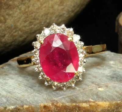 Anillo de plata de ley enchapado en oro amarillo de 14 k con piedras preciosas de corte ovalado de rubí natural para mujer Foto 1 de 4