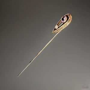 Antique Art Noveau 14 K Stick Pin Natural Amethyst & Seed Pearl, Ornate Filigree - Picture 1 of 7