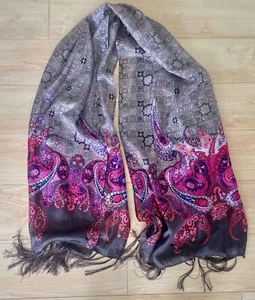 Pink Grey & Black Silk Shawl Scarf with tassels - Picture 1 of 3