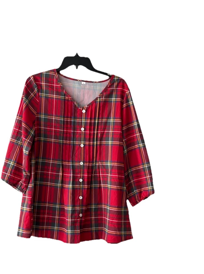 Blusa de mujer tartán plisada con botones roja a cuadros manga abullonada talla L ligera Foto 1 de 4