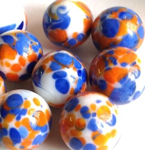 Glass Marbles 5/8" - 10 pcs Handmade White w/blue, orange & yellow spots - Picture 1 of 2