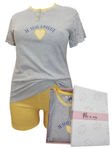 Set Pigiama Corto Italiano Mi-a-mi GRIGIO/GIALLO Puro Cotone Collo Henley - Foto 1 di 6