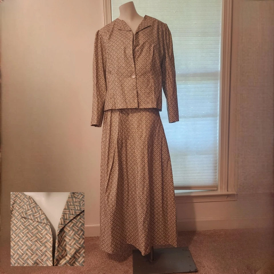 Vintage Handmade Skirt Suit 2pc Dress Geometric Print Geoffrey Beene Lining L/XL - Image 1 of 4