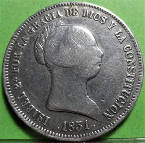 Sehr selten, ISABEL II, 20 Reales, 1851, BARCELONA, Silber, SPANIEN - Bild 1 von 2