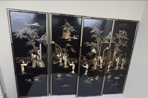 VINTAGE orientalische schwarze Lackplatte Wandbild - 4 Paneele - Bild 1 von 5