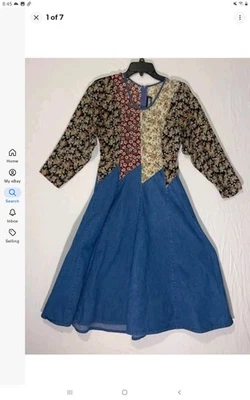 Vintage 80s Boho Dress By Tickets California Sz M Sheer Floral Denim Flared - Image 1 of 4