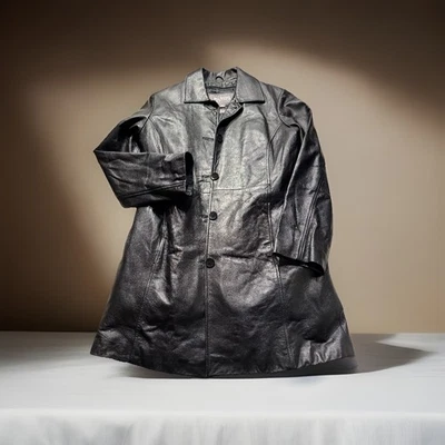 Gabardina clásica vintage de cuero real negro de colección de Wilson de longitud media MED Thinsulate Foto 1 de 4