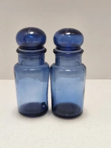 2 Smal 5" l Vintage Dark Blue Glass Apothecary Jars Canisters W/Bubble Lids - Picture 1 of 3