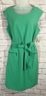 NEW Kasper Size 14 Dress Sleeveless Sheath Bright Jade Green Belted Pockets - Image 1 of 4